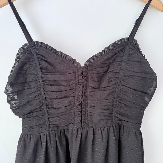 Dotti 12 Black Ruched Mini Dress Swiss Dots Ruffled Trim