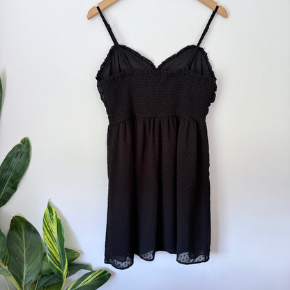 Dotti 12 Black Ruched Mini Dress Swiss Dots Ruffled Trim