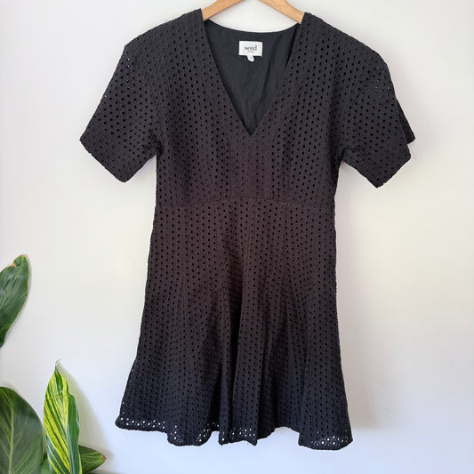 Seed Heritage 6 Black Cotton Blend Cutwork Mini Dress