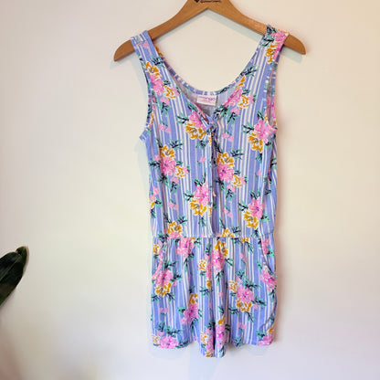 Kids Mango Floral Striped Romper Purple & White - Size 14