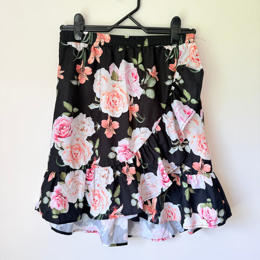 Black Pink Rose Floral Ruffle Mini Skirt - 70cm Waist