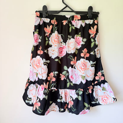 Black Pink Rose Floral Ruffle Mini Skirt - 70cm Waist