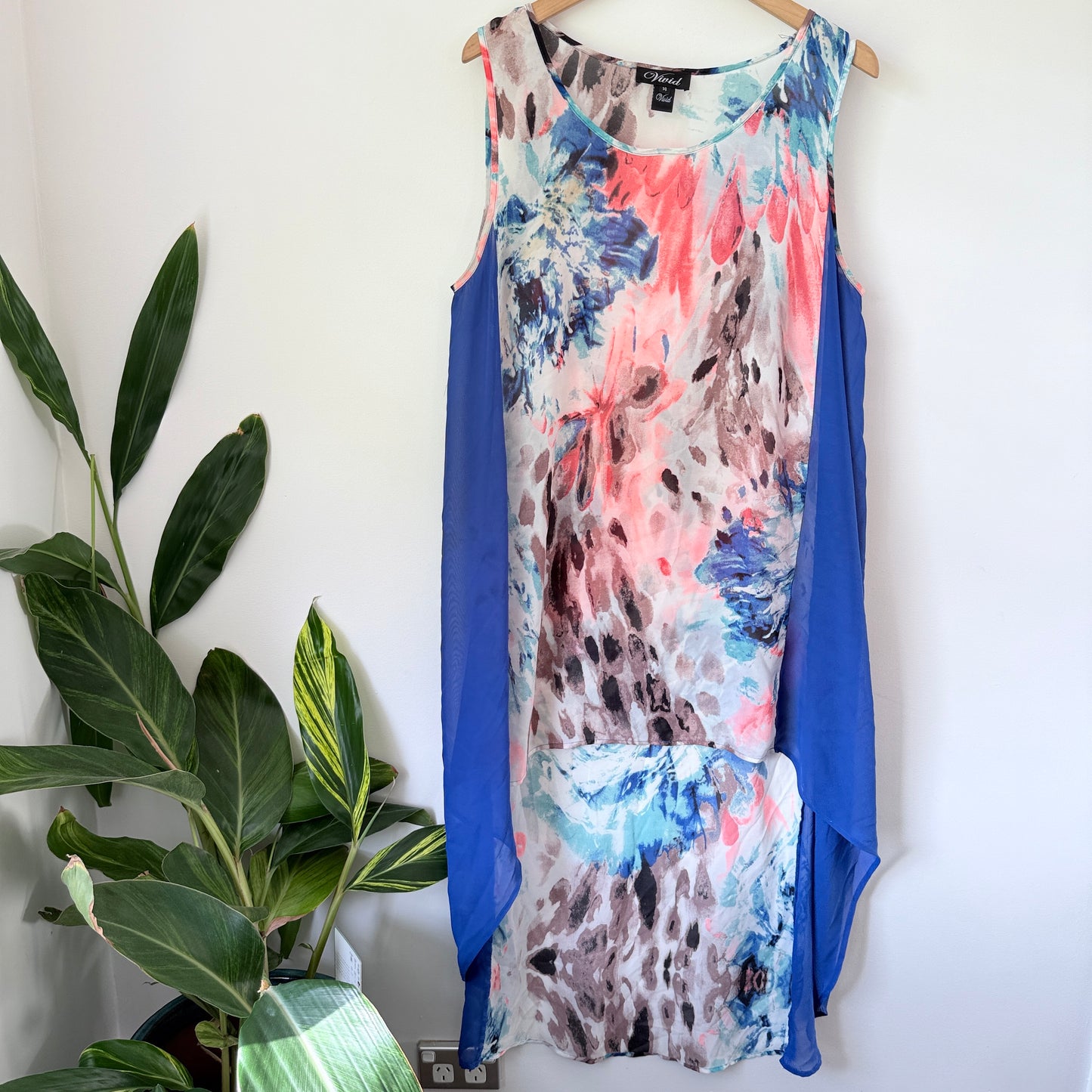 Vivid Size 14 Sleeveless Dress Blue Pink Floral Abstract Print