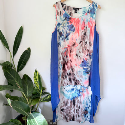 Vivid Size 14 Sleeveless Dress Blue Pink Floral Abstract Print
