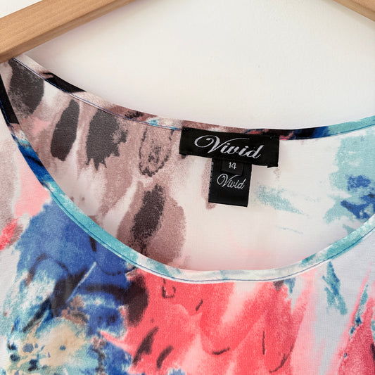 Vivid Size 14 Sleeveless Dress Blue Pink Floral Abstract Print