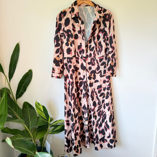SHEIN Pink Abstract Leopard Print Midi Shirtdress - Size 1XL