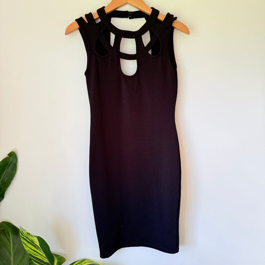 Miss Selfridge Black Ribbed Cage Shoulder Bodycon Dress - Size 8