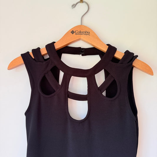 Miss Selfridge Black Ribbed Cage Shoulder Bodycon Dress - Size 8