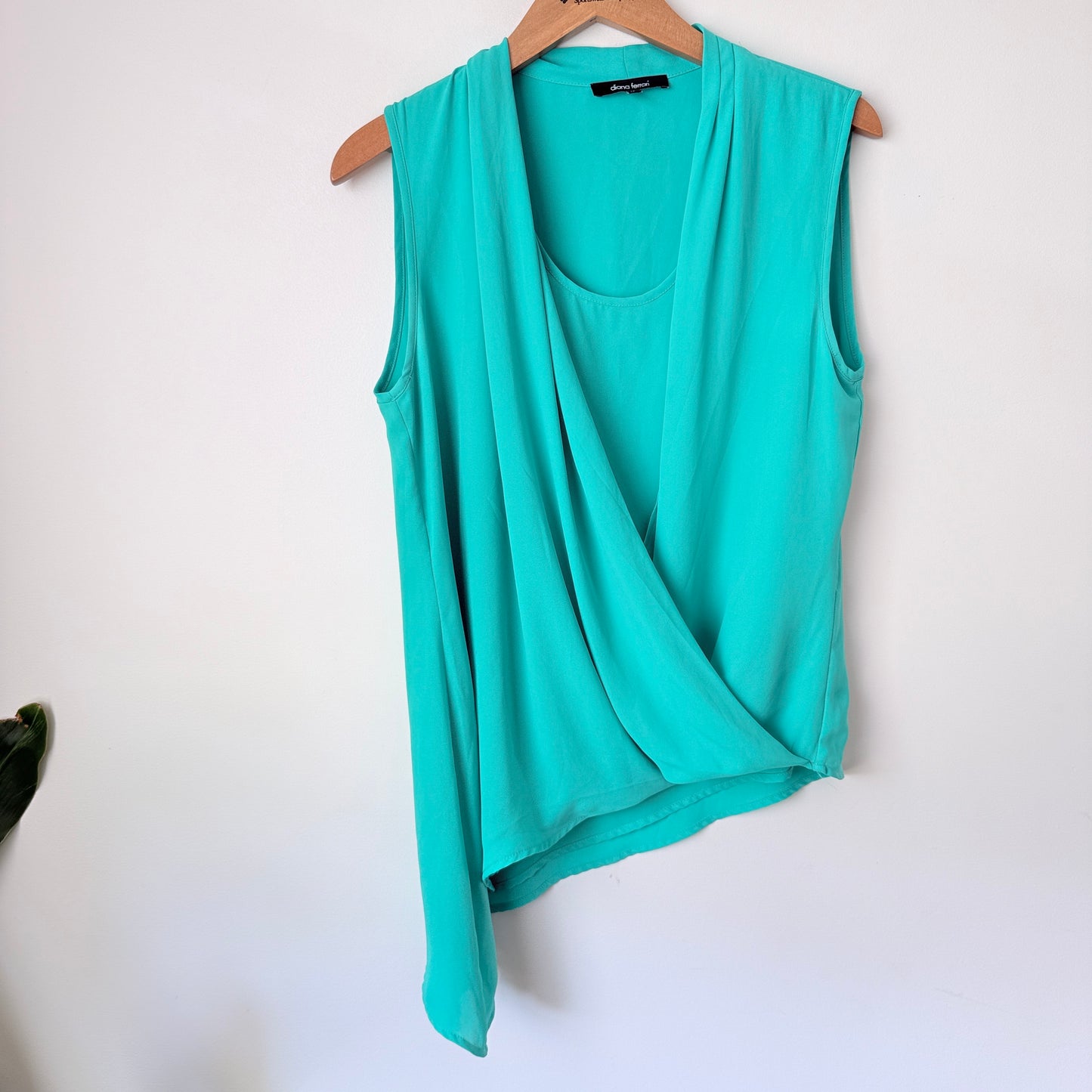 Diana Ferrari Size 10 Sleeveless Top with Draped Surplice V-Neck & Asymmetrical Hem