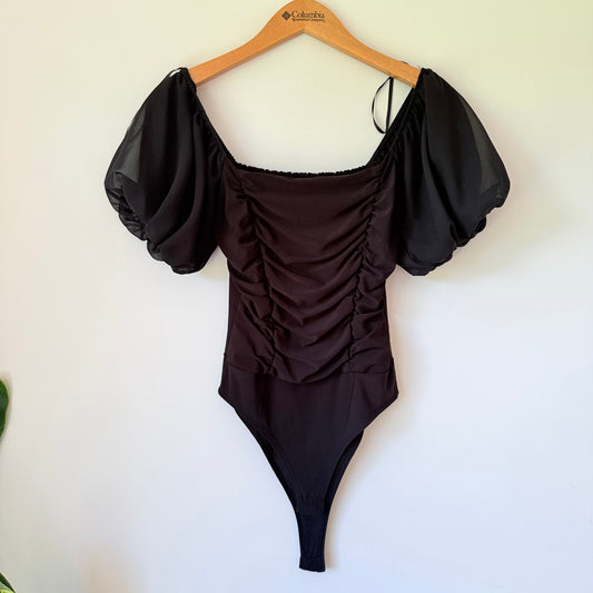 Forever 21 Black Ruched Puff Sleeve Bodysuit - S