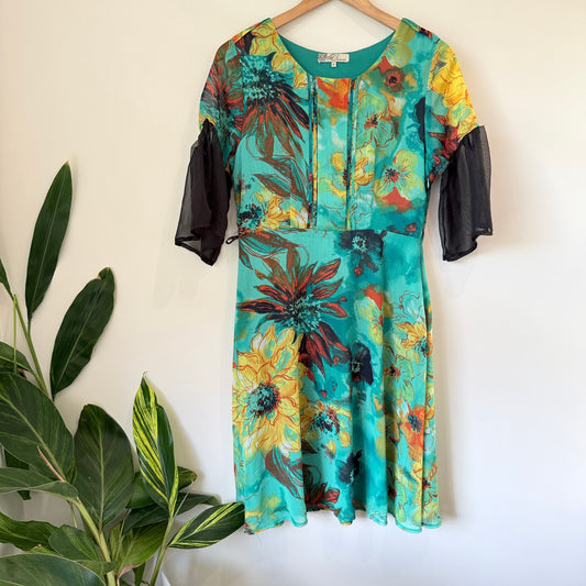 Ella Classic Size S Turquoise Floral Dress with Sheer Sleeves