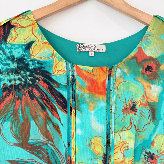 Ella Classic Size S Turquoise Floral Dress with Sheer Sleeves