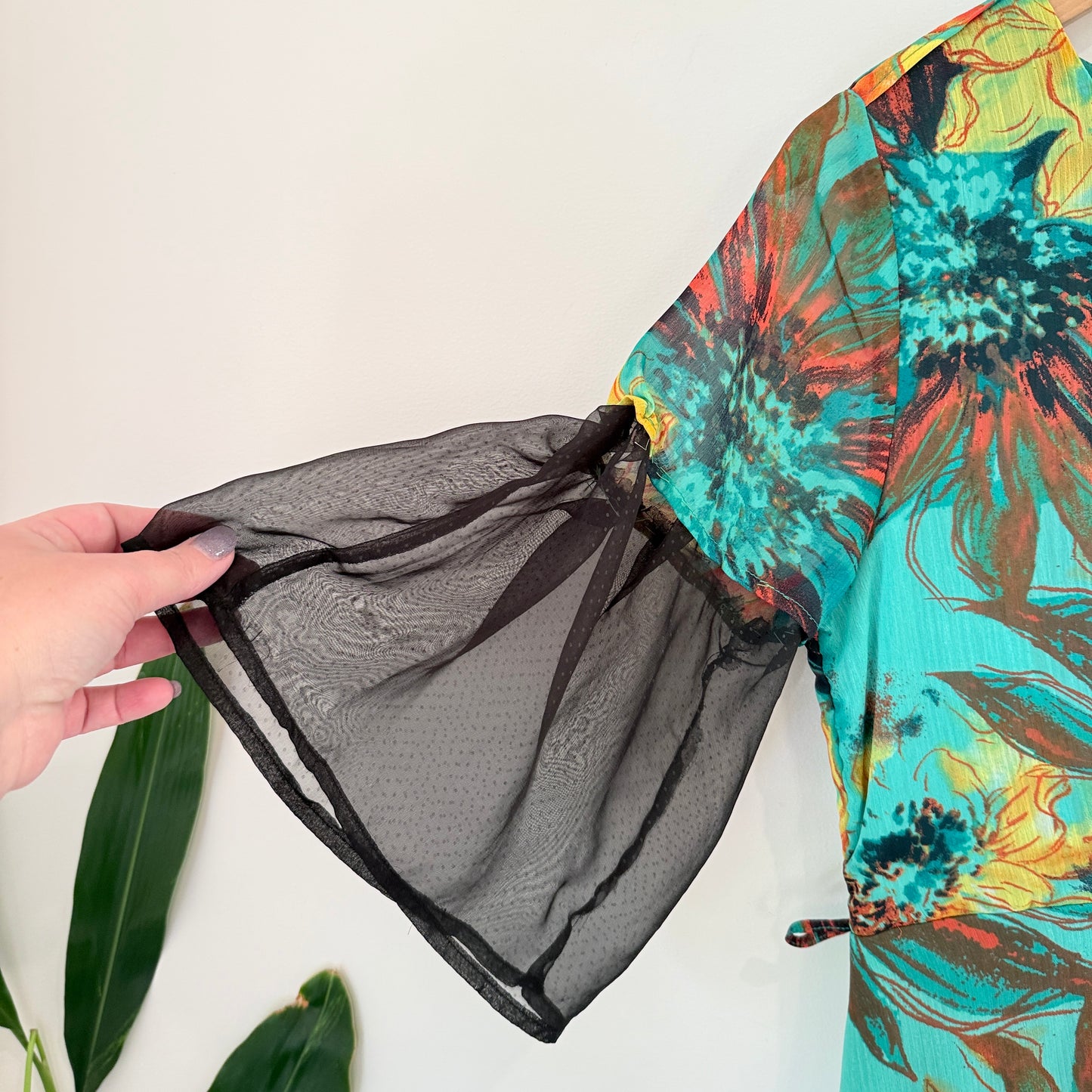 Ella Classic Size S Turquoise Floral Dress with Sheer Sleeves