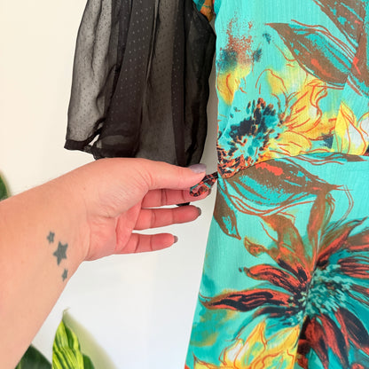 Ella Classic Size S Turquoise Floral Dress with Sheer Sleeves
