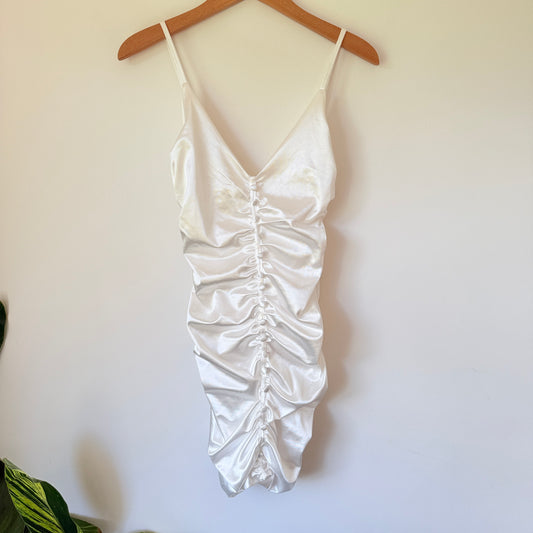 Tiger Mist Ruched Button Front Satin Mini Dress White - Size S