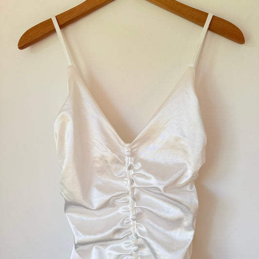 Tiger Mist Ruched Button Front Satin Mini Dress White - Size S