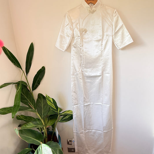 Cheongsam Midi Dress White Satin - Size 36 - 44cm U/Arm