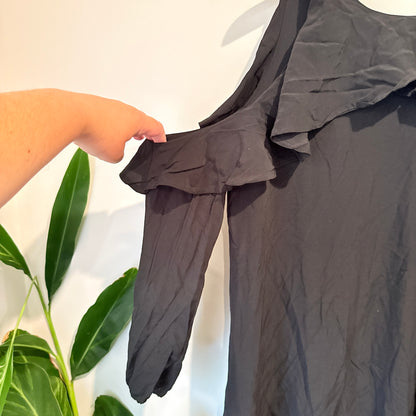 RUBY Cold Shoulder Ruffle Dress (Black) - Size 12