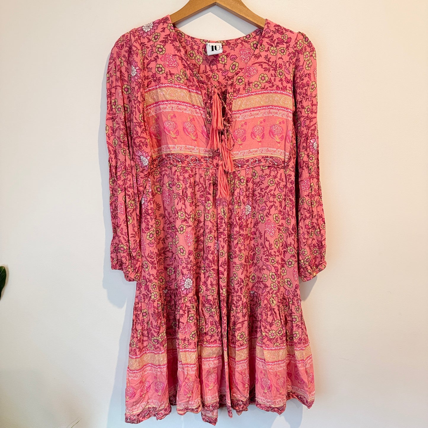 10 Bohemian-Style Pink Floral Print Mini Dress – U/Arm 44cm