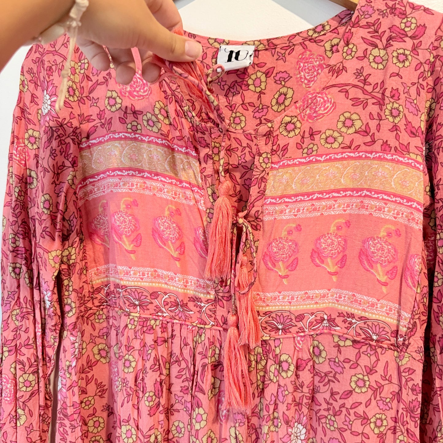 10 Bohemian-Style Pink Floral Print Mini Dress – U/Arm 44cm