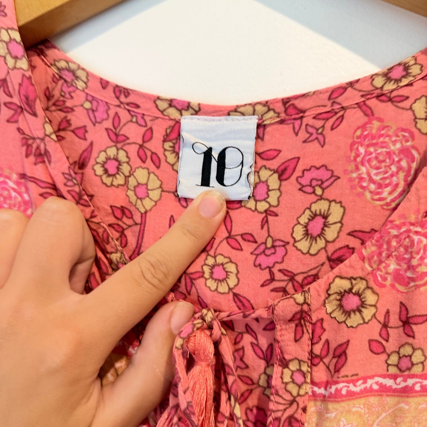 10 Bohemian-Style Pink Floral Print Mini Dress – U/Arm 44cm