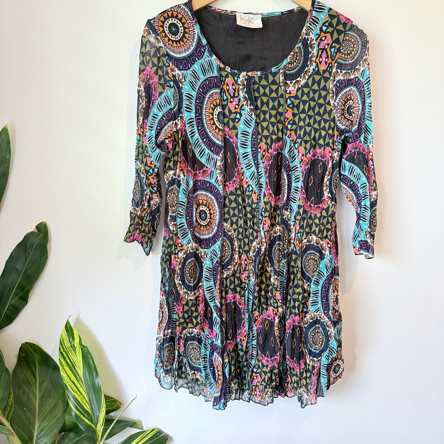 K&K Boho Print Crinkle Tunic Dress Black Multi - Size M