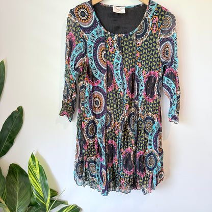 K&K Boho Print Crinkle Tunic Dress Black Multi - Size M