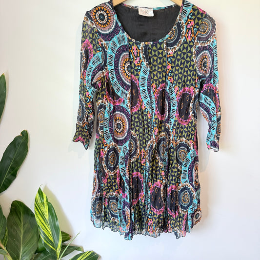 K&K Boho Print Crinkle Tunic Dress Black Multi - Size M