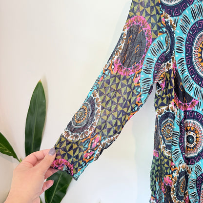 K&K Boho Print Crinkle Tunic Dress Black Multi - Size M