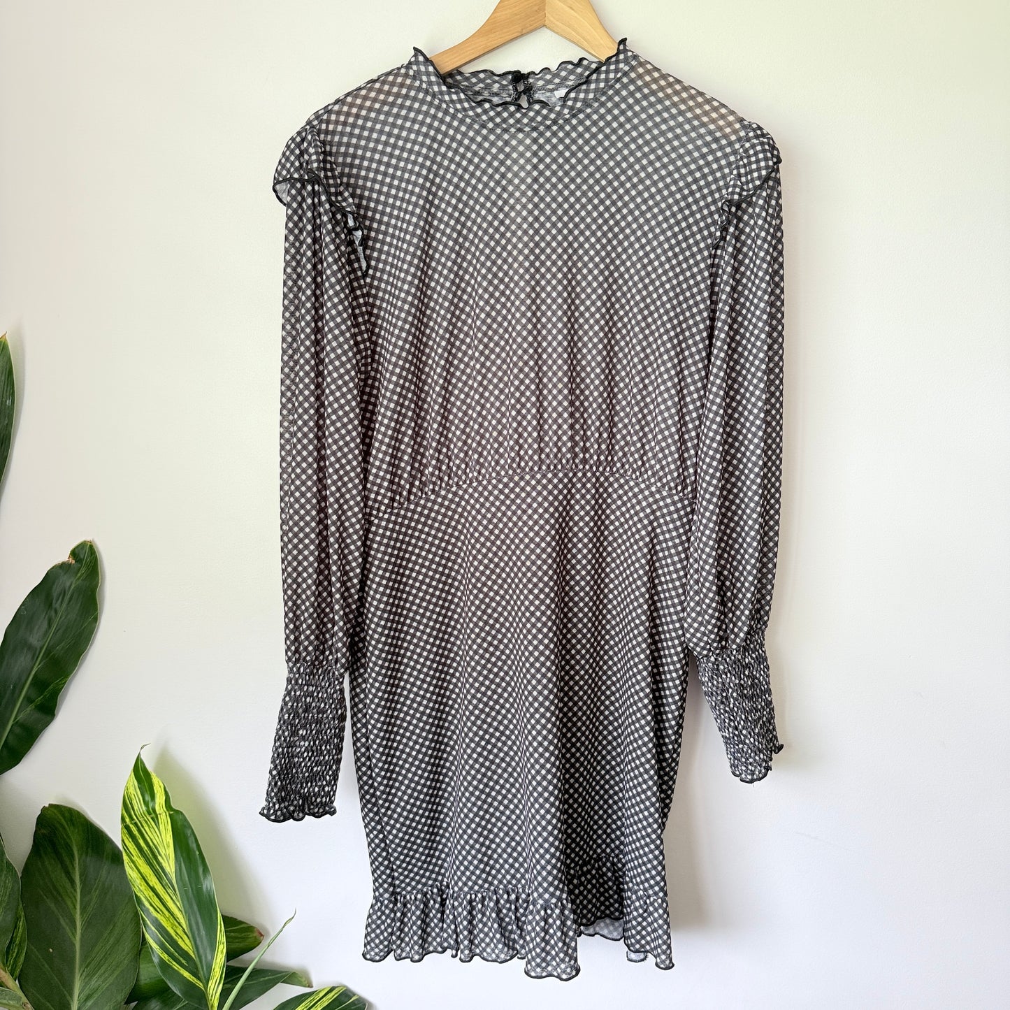 Topshop Gingham Mesh Long Sleeve Mini Dress - Size 16