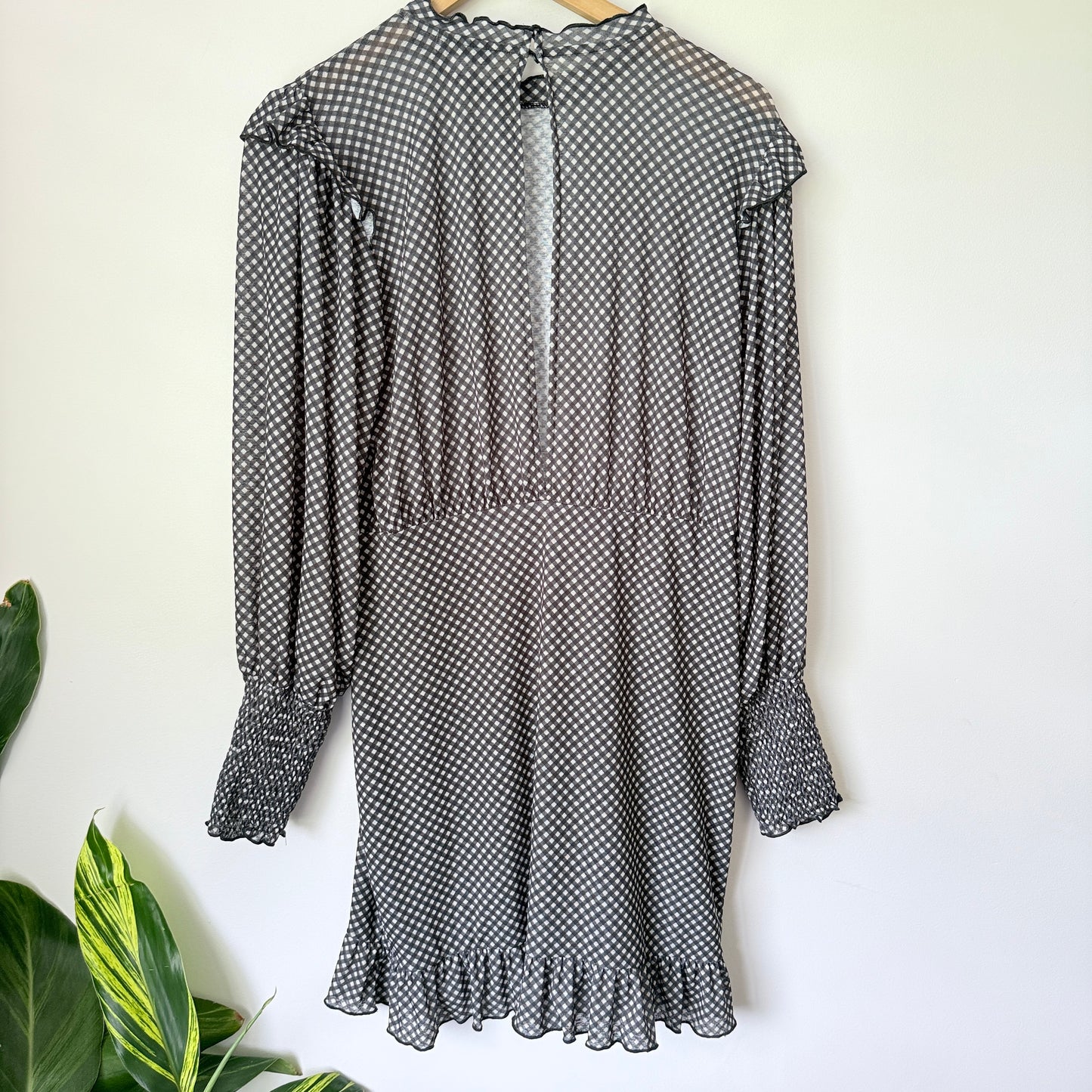 Topshop Gingham Mesh Long Sleeve Mini Dress - Size 16