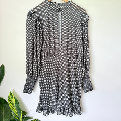 Topshop Gingham Mesh Long Sleeve Mini Dress - Size 16