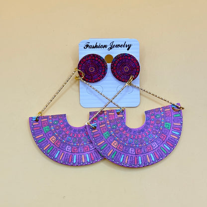 Boho Pattern Statement Drop Earrings Multicolour Fan Shape