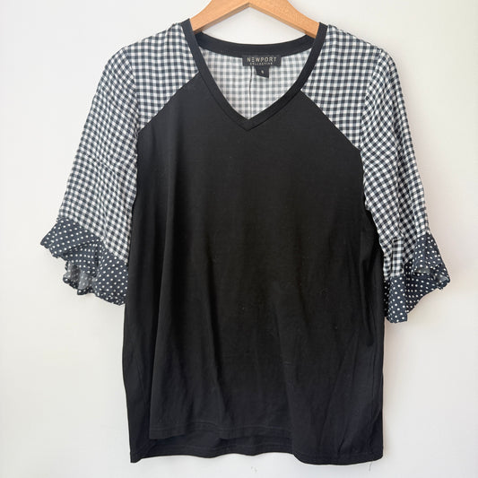 Newport Size S Black V-Neck Top with Gingham Sleeves