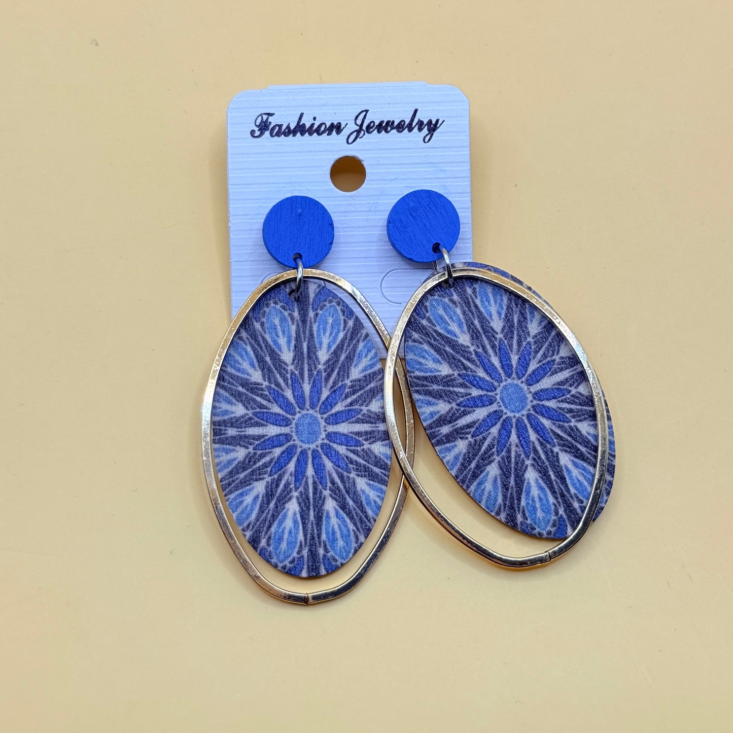 Blue Pattern Oval Drop Earrings Silver Tone Frame