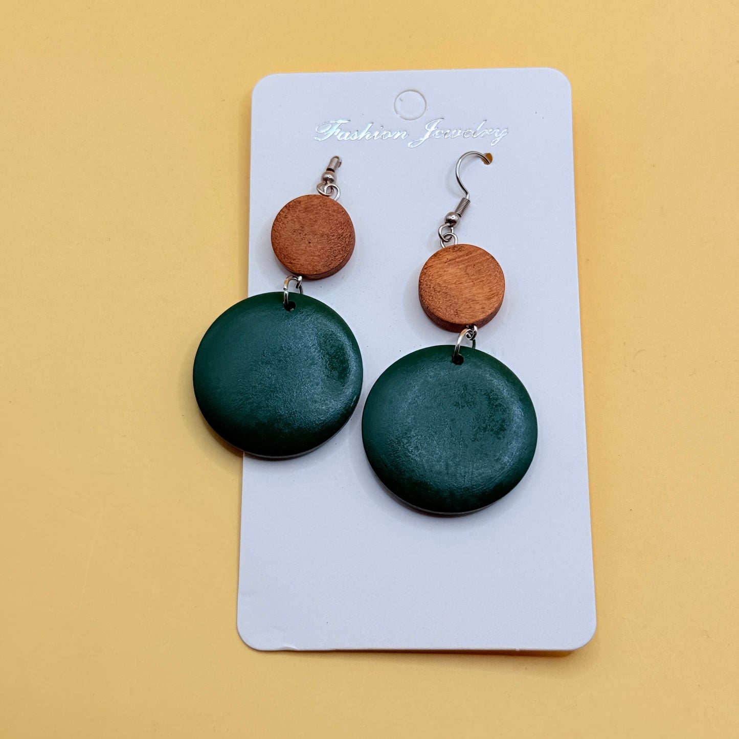 Wooden Circle Drop Earrings Green & Natural