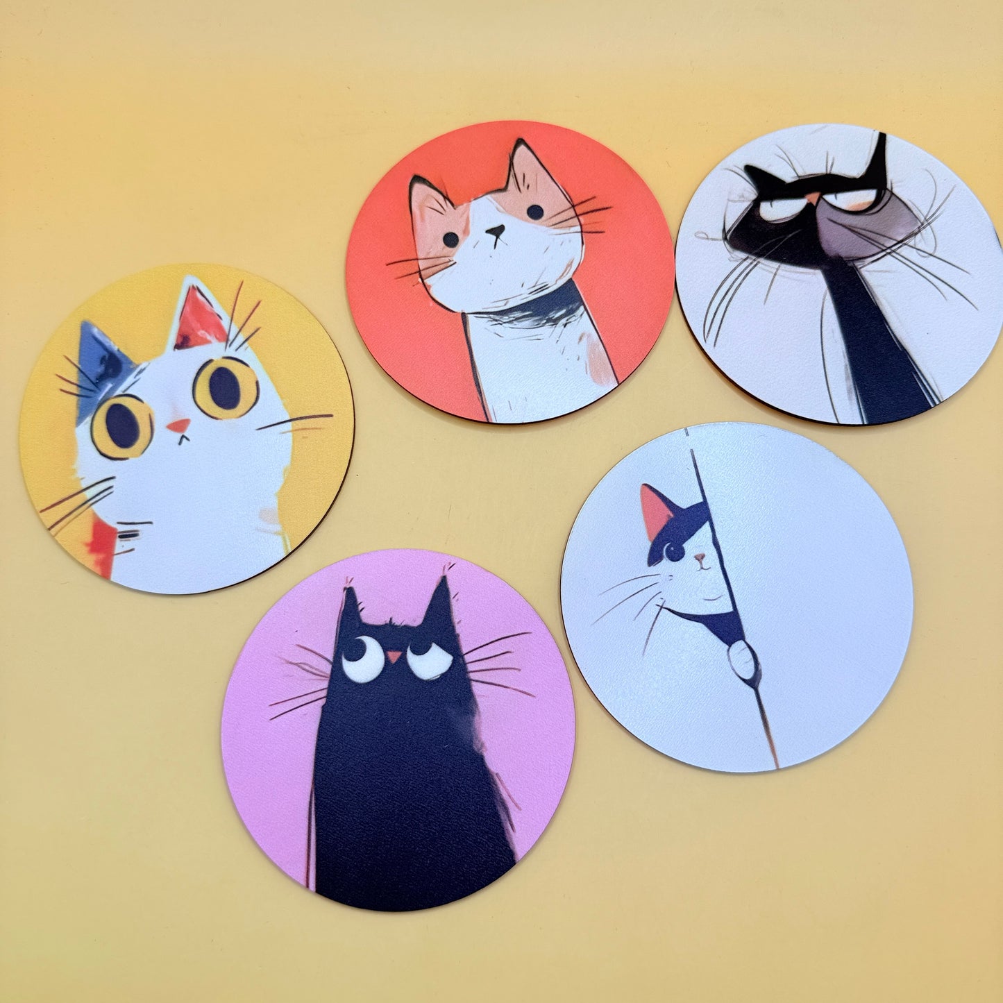 Cat Illustration Wooden Coaster Set – 5 Pieces