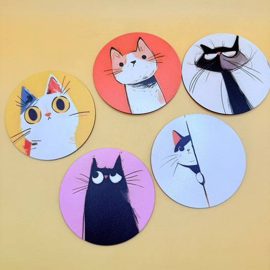 Cat Illustration Wooden Coaster Set – 5 Pieces