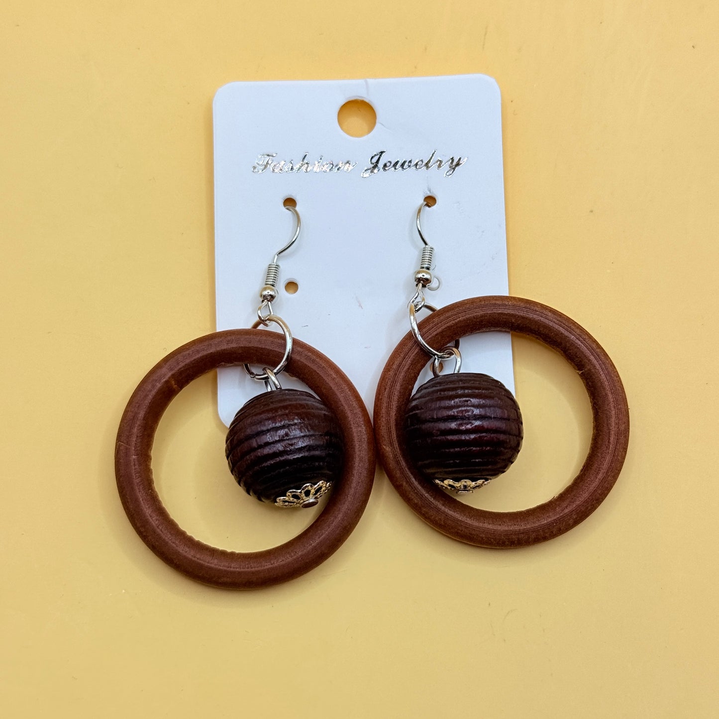 Wooden Hoop & Bead Drop Earrings