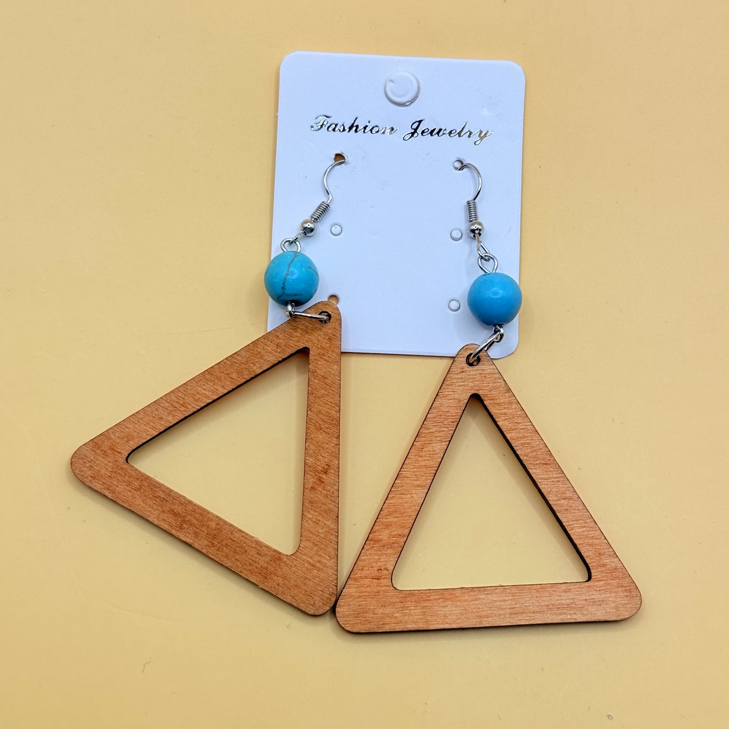 Wooden Triangle Drop Earrings with Turquoise Bead