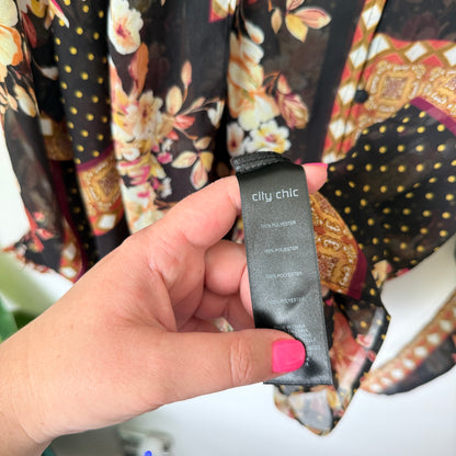 City Chic Size XXL Semi Sheer Floral Patchwork Print Blouse