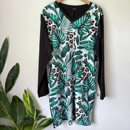 etc Tropical Leaf Leopard Print V Neck Long Sleeve Dress - 58cm U/Arm to U/arm