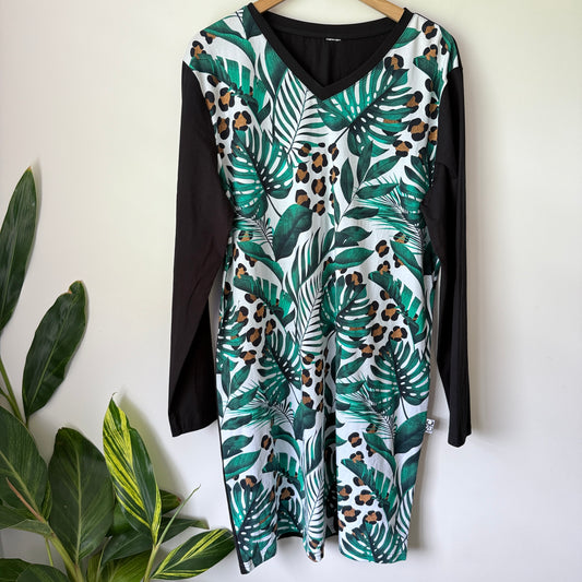 etc Tropical Leaf Leopard Print V Neck Long Sleeve Dress - 58cm U/Arm to U/arm