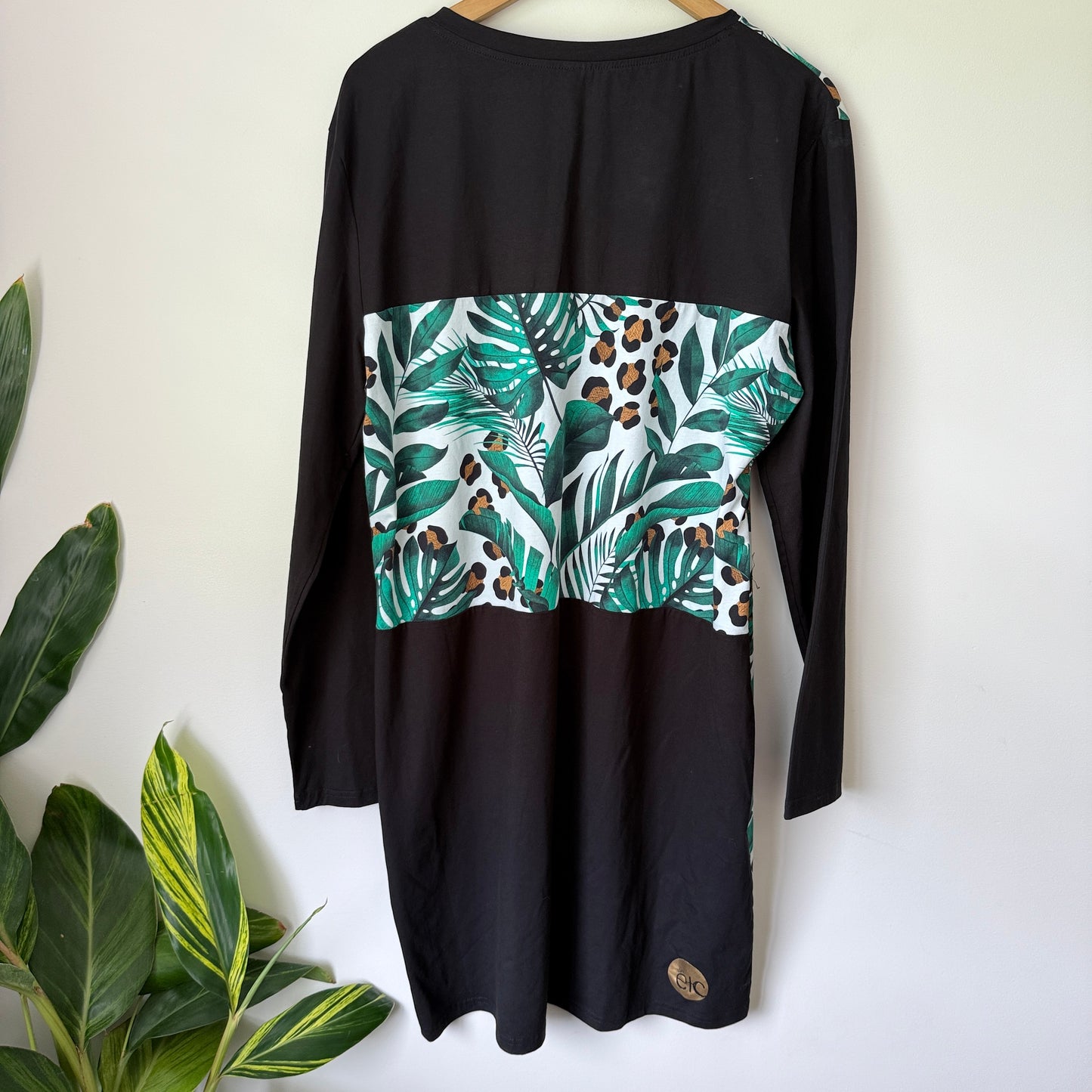etc Tropical Leaf Leopard Print V Neck Long Sleeve Dress - 58cm U/Arm to U/arm