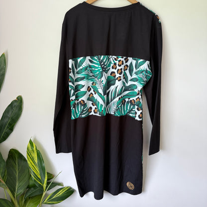 etc Tropical Leaf Leopard Print V Neck Long Sleeve Dress - 58cm U/Arm to U/arm