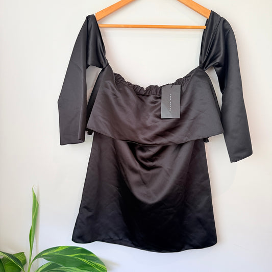Zara Woman Black Satin Draped Mini Dress Long Sleeve Size M