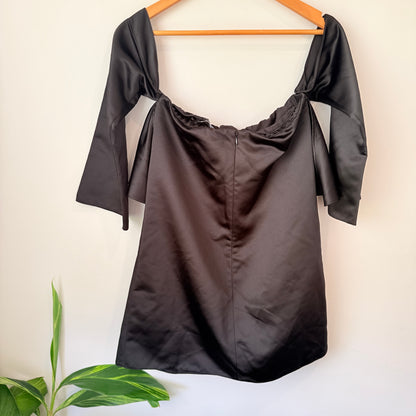 Zara Woman Black Satin Draped Mini Dress Long Sleeve Size M