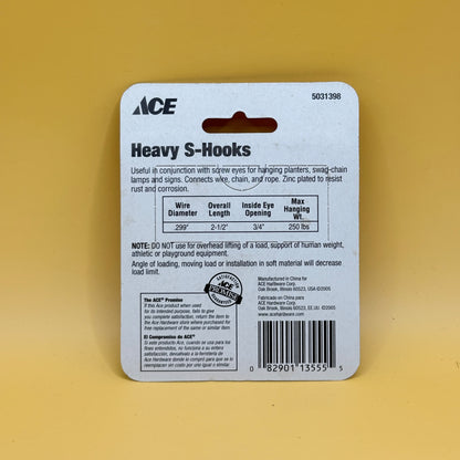 ACE Heavy S-Hooks – 2 Pack (2.5" / 250lb Rated)