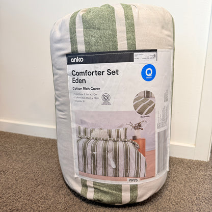 Anko Eden Queen Comforter Set Green Stripe – Cotton Rich