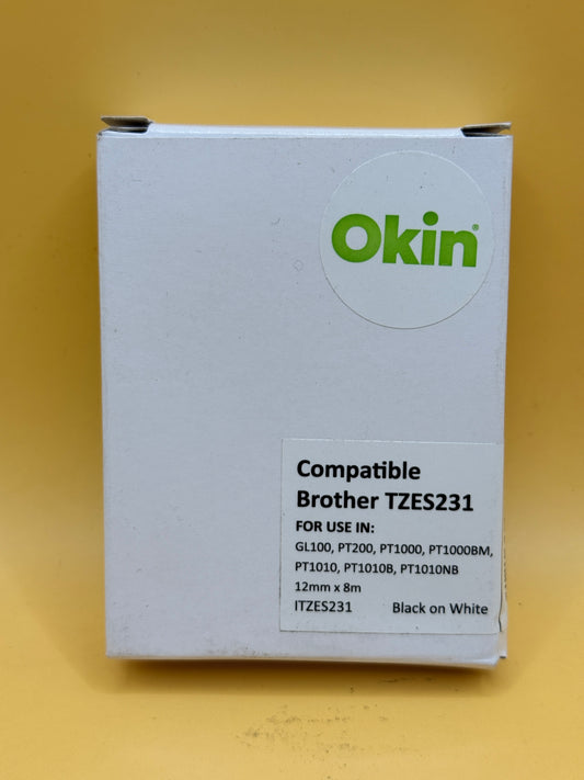 Okin Compatible Brother TZES231 Label Tape 12mm Black on White